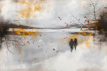 Paysage hivernal gris-doré - Peinture abstraite onirique