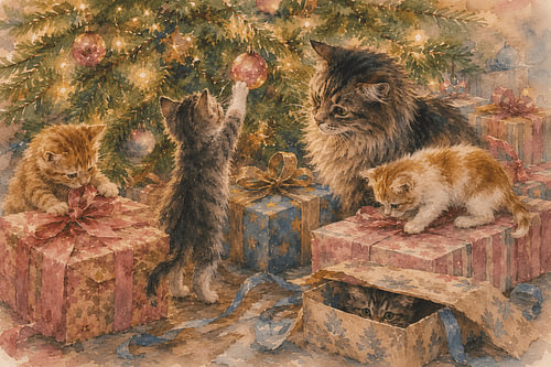 Distribution des cadeaux par les chats