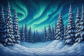 Majestätische Nordlichter über einem verschneiten Kiefernwald von Artistic