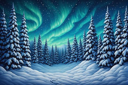 Majestueus noorderlicht boven een besneeuwd dennenbos