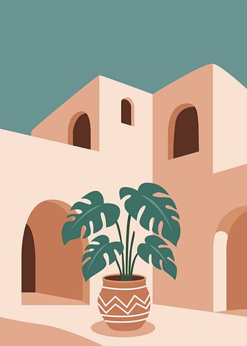 Affiche vectorielle minimaliste et rétro représentant une architecture désertique, avec des tons chauds, des ombres marquées et un monstera en pot comme élément central