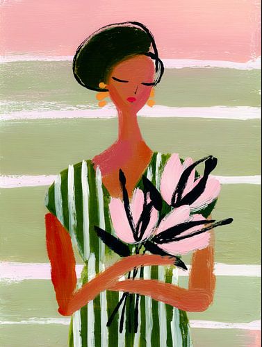 Abstrakte Frau mit Blumen in sanften Farbtönen