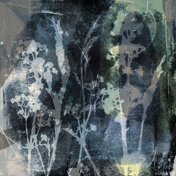 Abstract Retro Botanical. Flowers, plants and leaves in blue, yellow, green, black by Dina Dankers