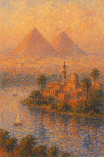 Impressionistische scène in Caïro - Piramiden en de Nijl