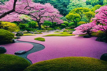 Illustration d'un jardin japonais avec des fleurs au printemps sur Animaflora PicsStock