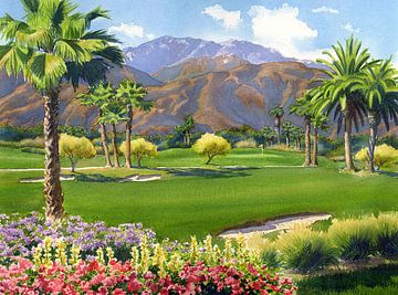 Terrain de golf de Palm Springs avec le Mont San Jacinto sur erikaktus gurun