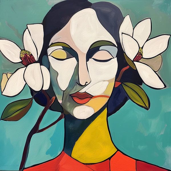 Semi-Abstract Vrouw Portret met Bloemen van Vlindertuin-Art