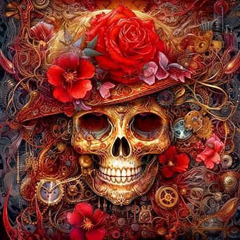 Steampunk Skull mit roten Blüten
