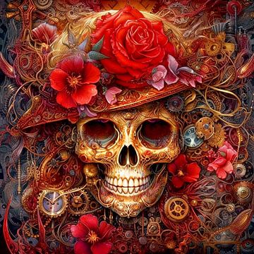 Steampunk Skull mit roten Blüten von Cathrin Illgen