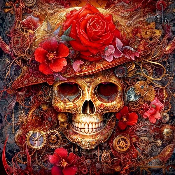 Steampunk Skull with red flowers by Cathrin Illgen