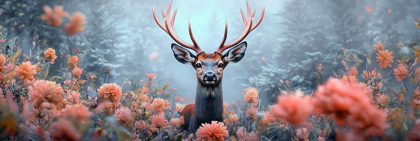 Deer surrounded by flowers in a fairytale forest by Digitale Schilderijen