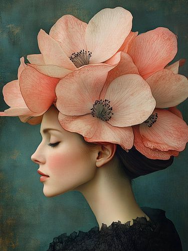 Portrait féminin rêveur avec une couronne de fleurs