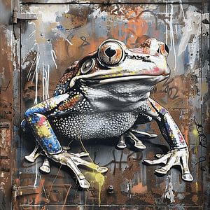 Graffiti grenouille multicolore rouille métal urbain détail étang naturel