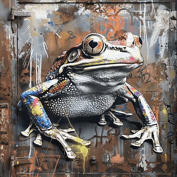 Graffiti grenouille multicolore rouille métal urbain détail étang naturel par gm_designs