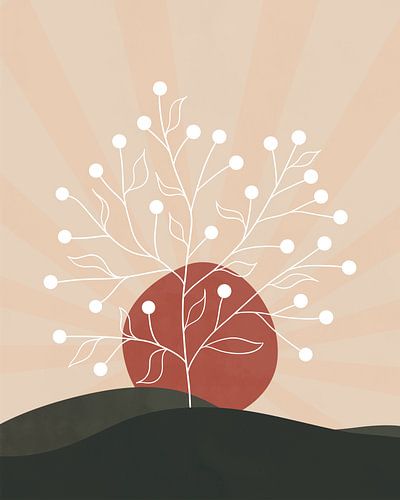 Minimalistische Landschaft bei Sonnenuntergang mit einem Baum