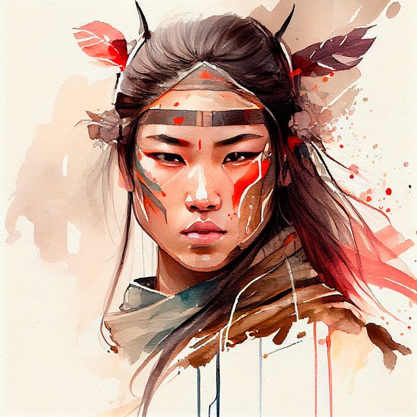 Watercolor Asian Warrior Woman #2 by Chromatic Fusion Studio