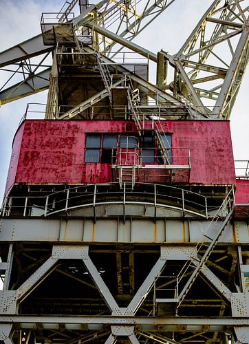 Pink Crane Cabin & Steel Lattice – Industrial Wall Art