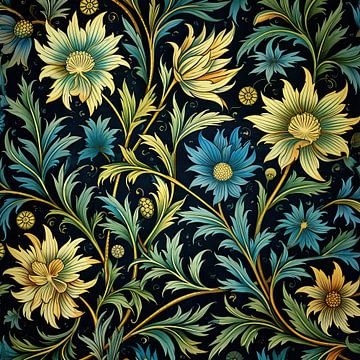 Folklore bloempatroon in geel, groen en blauw van Vlindertuin Art
