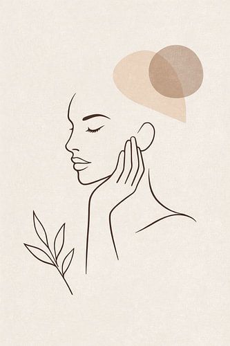 Japandi Minimal Line Art Wandkunst – Poster mit Porträt einer Frau in neutralem Beige