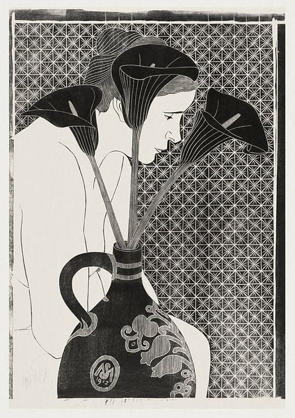 Weiblicher Akt hinter einer Vase mit Aronstabblüten, Samuel Jessurun de Mesquita (1912) von Atelier Liesjes
