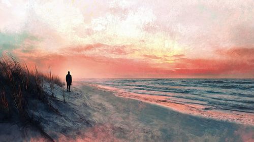 Man op het strand bij zonsondergang