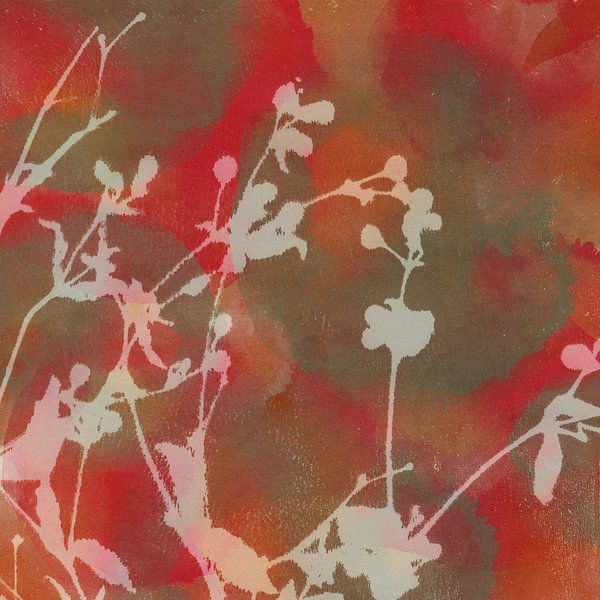 Dromen in de natuur. Bloemen op rood, bruin en terra. van Dina Dankers