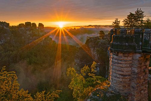 Sunrise in Saxon Switzerland at the Bastei Bridge