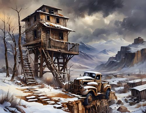 mysterious tower-like building in the wild west, steampunk