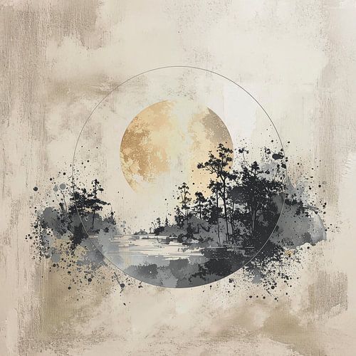 Japans ZEN landschap. Mystieke gouden maan