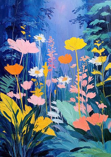 Bloemrijke kleurenpracht tegen een diepblauwe achtergrond