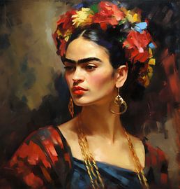 Geschilderd portret van Frida met bloemen in het haar van Roger VDB