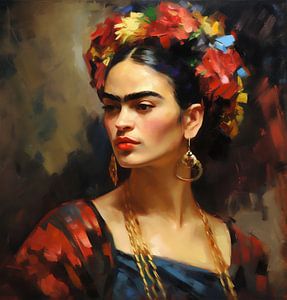Gemaltes Porträt von Frida mit Blumen im Haar