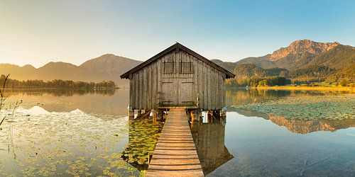 Boat hut at Kochelsee at sunrise, Bavaria, Germany
