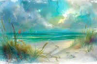 Gemälde einer Strandlandschaft und Dünen, böhmisch, skandinavisch, blau, türkis