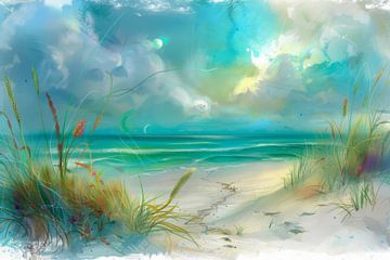 Schilderij van een strand landschap en duinen, bohemian,  Scandinavisch, Blauw,  Turquoise van Peter Pen tekeningen en schilderijen