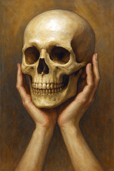 Peinture de mains tenant un crâne. par Galerie Hoppenbrouwers