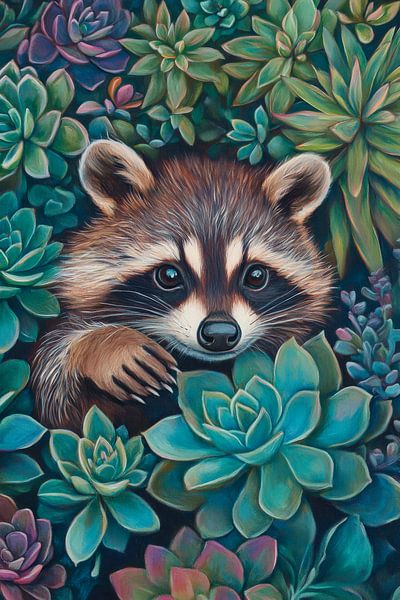 Waschbär und Sukkulenzen von Poster Art Shop