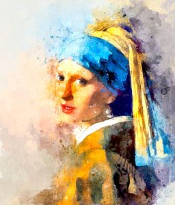 Girl with a pearl earring in watercolor by Arjen Roos