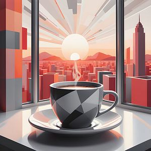 Ligne d'horizon éclairée par le soleil autour d'une tasse de café chaud