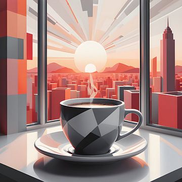 Zonovergoten skyline bij een warme kop koffie