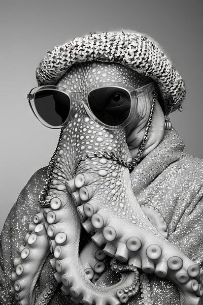 Portrait en noir et blanc d'un homme-poulpe portant des lunettes de soleil par Poster Art Shop