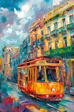 Colourful tram in an urban landscape by Poster Art Shop