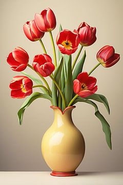Zinnoberrote Eleganz: Eine Vase mit anmutigen Tulpen von PixelMint.