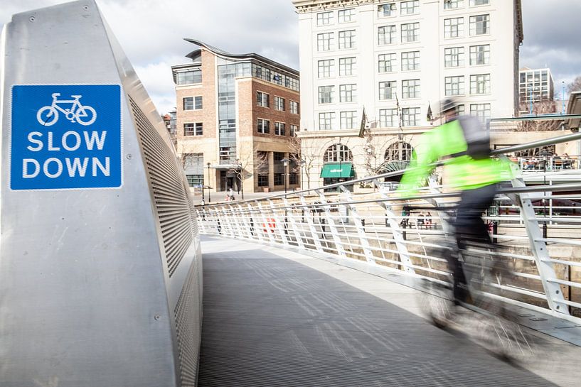 slow down on the bicycle bridge in Newcastle by Eric van Nieuwland
