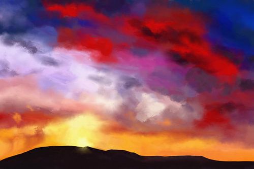 Kleurrijk schilderij van een landschap