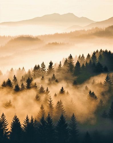 Mystical sunrise in the autumn forest