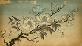 Japandi Botanisch. Eleganter Blütenzweig im Vintage-Stil