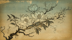 Japandi Botanisch. Eleganter Blütenzweig im Vintage-Stil
