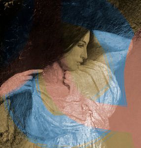 Portrait vintage d'une jeune femme en sépia, bleu et rose. sur Dina Dankers