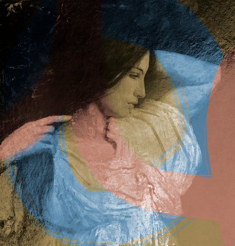 Vintage portret van een jonge vrouw in sepia, blauw en roze.